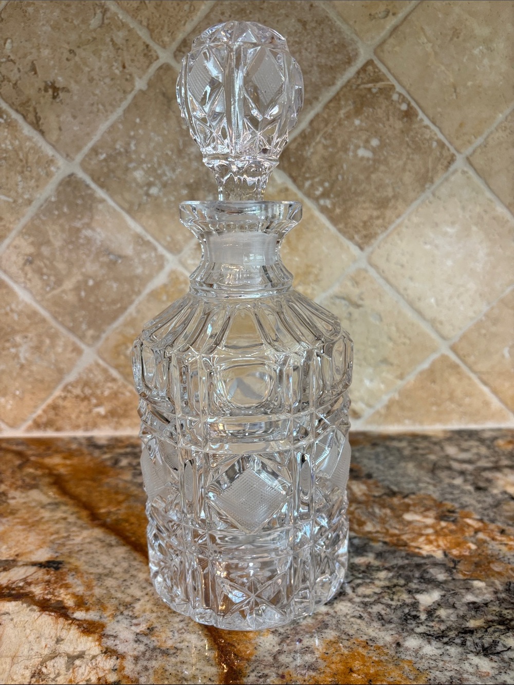 Heavy Vintage Cut Crystal Decanter with Faceted Stopper